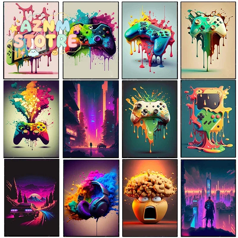 Esports Gamers - ภาพวาดบนผ้าใบสไตล์วินเทจ สีสันสดใส แนวพังก์ นีออน คอนโทรลเลอร์เกมส์ โปสเตอร์เกมส์สุดเท่